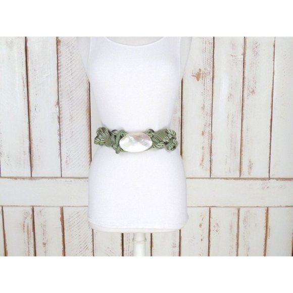70s vintage green braided Abalone shell rope belt woven chord - Picture 2 of 5